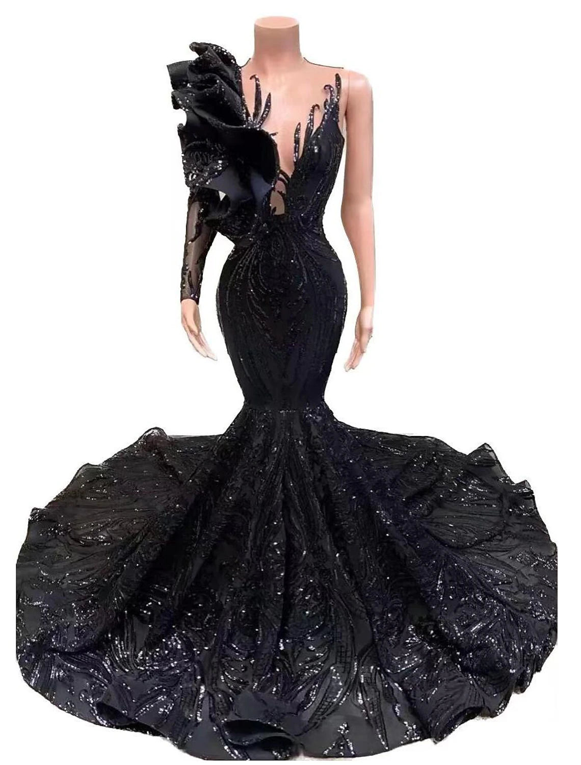 Mermaid / Trumpet Evening Gown Floral Dress Formal Chapel Train Long Sleeve One Shoulder African American Sequined with Sequin